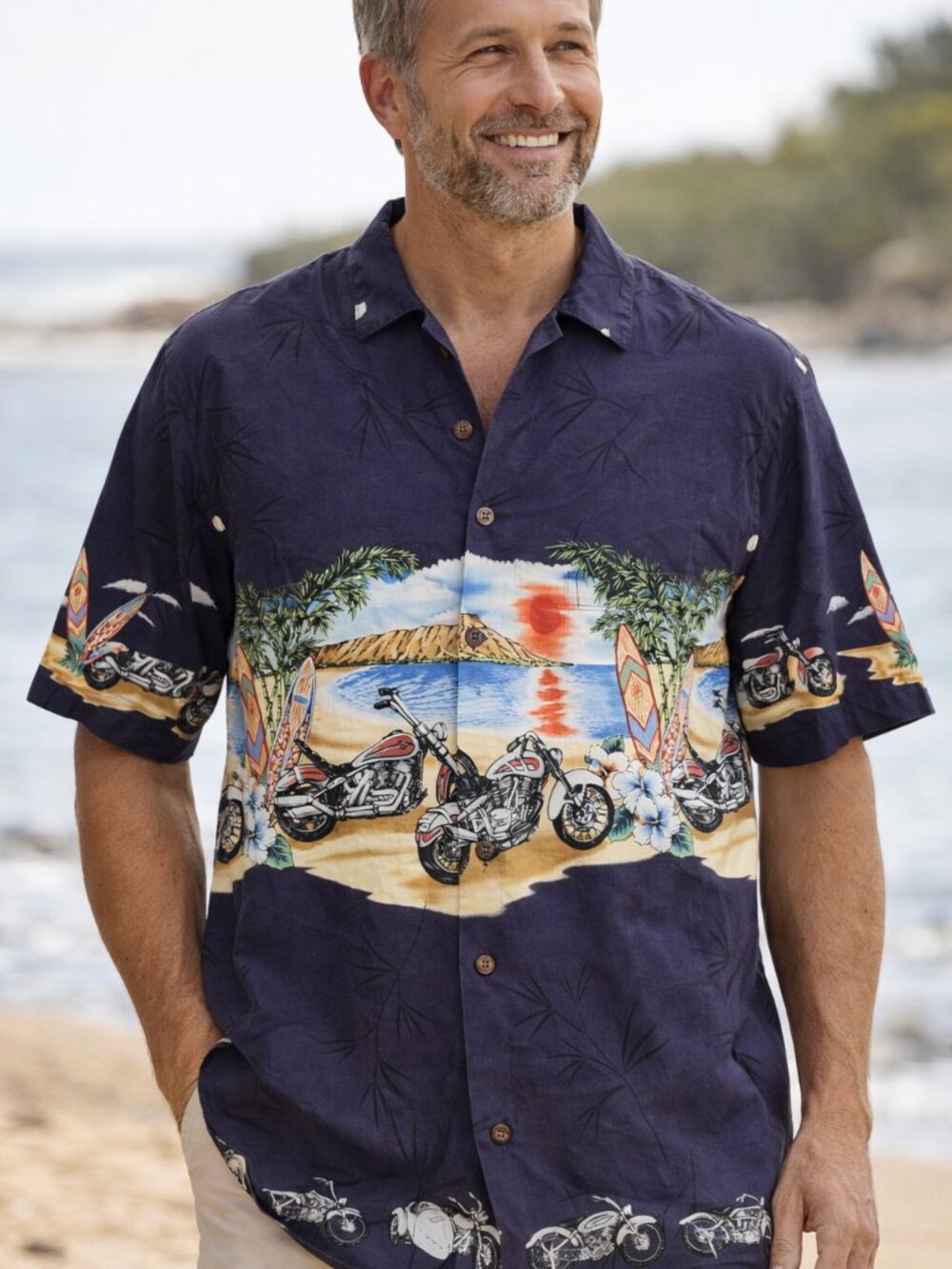 Y2K VTG KY's Hawaiian Motorcycle Surf Print Shirt Made In USA‎ Mens L